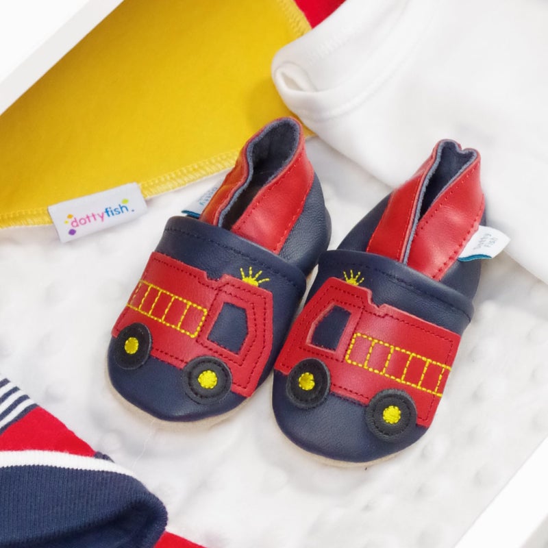 Dotty Fish Soft Sole Leather Infant Shoes Boys pre-Walkers. Navy with Fire Engine. 18-24 Months - Image 2